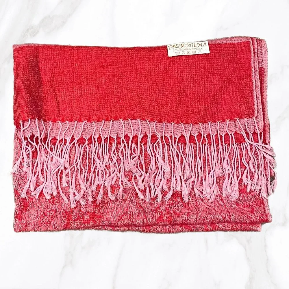 Pashmina Red & Pink Paisley Silk‎ Blend Fringed Shawl, OS